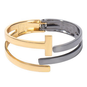 Two Tone T End Hingle Bangle - Gold