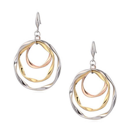 Trio Tone Layered Ring Drop Earnings - Silver